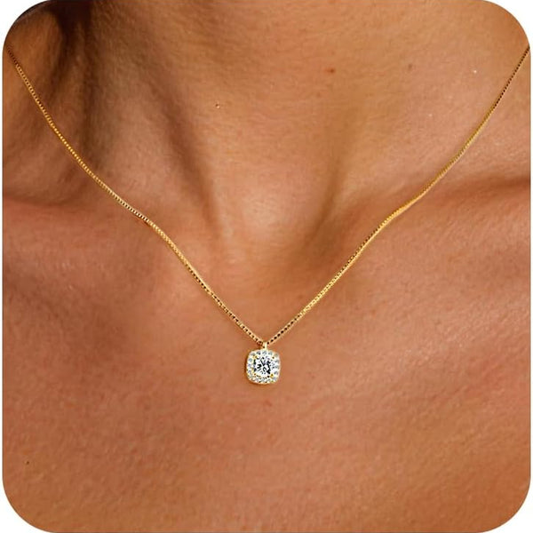 18K Gold Plated 925 Sterling Silver Necklace Solitaire (4Mm) Dainty Square Cubic Zirconia Necklace Pendant Hypoallergenic Necklaces for Women | 18"+2" Adjustable Box Chain Gift for Her