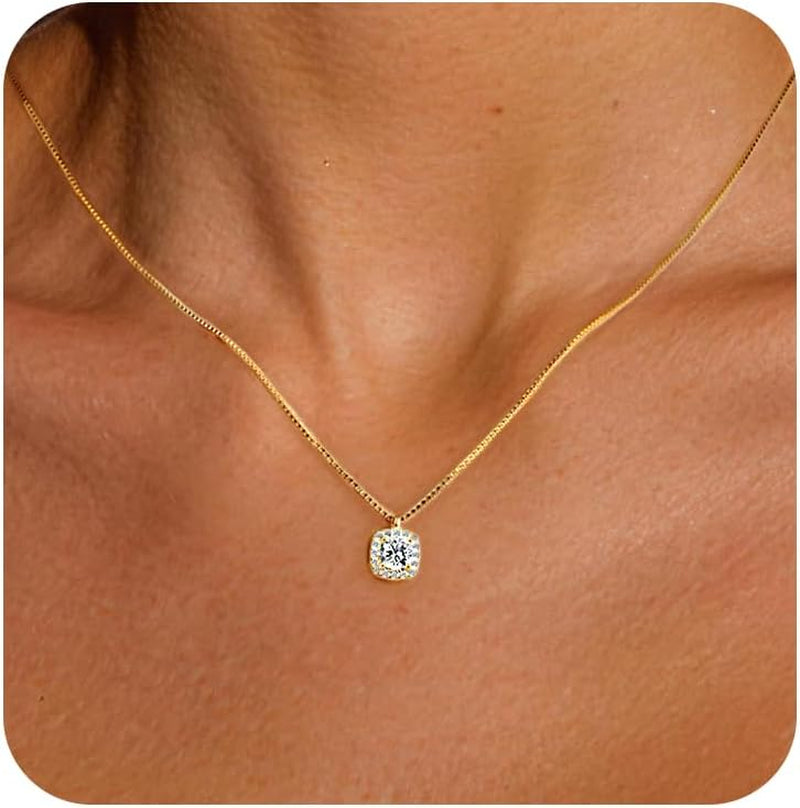 18K Gold Plated 925 Sterling Silver Necklace Solitaire (4Mm) Dainty Square Cubic Zirconia Necklace Pendant Hypoallergenic Necklaces for Women | 18"+2" Adjustable Box Chain Gift for Her