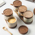 Kitchen Seasoning Pot Ceramic Three Piece Suit Simple Salt Pot Acacia Wood Tray with Cover
